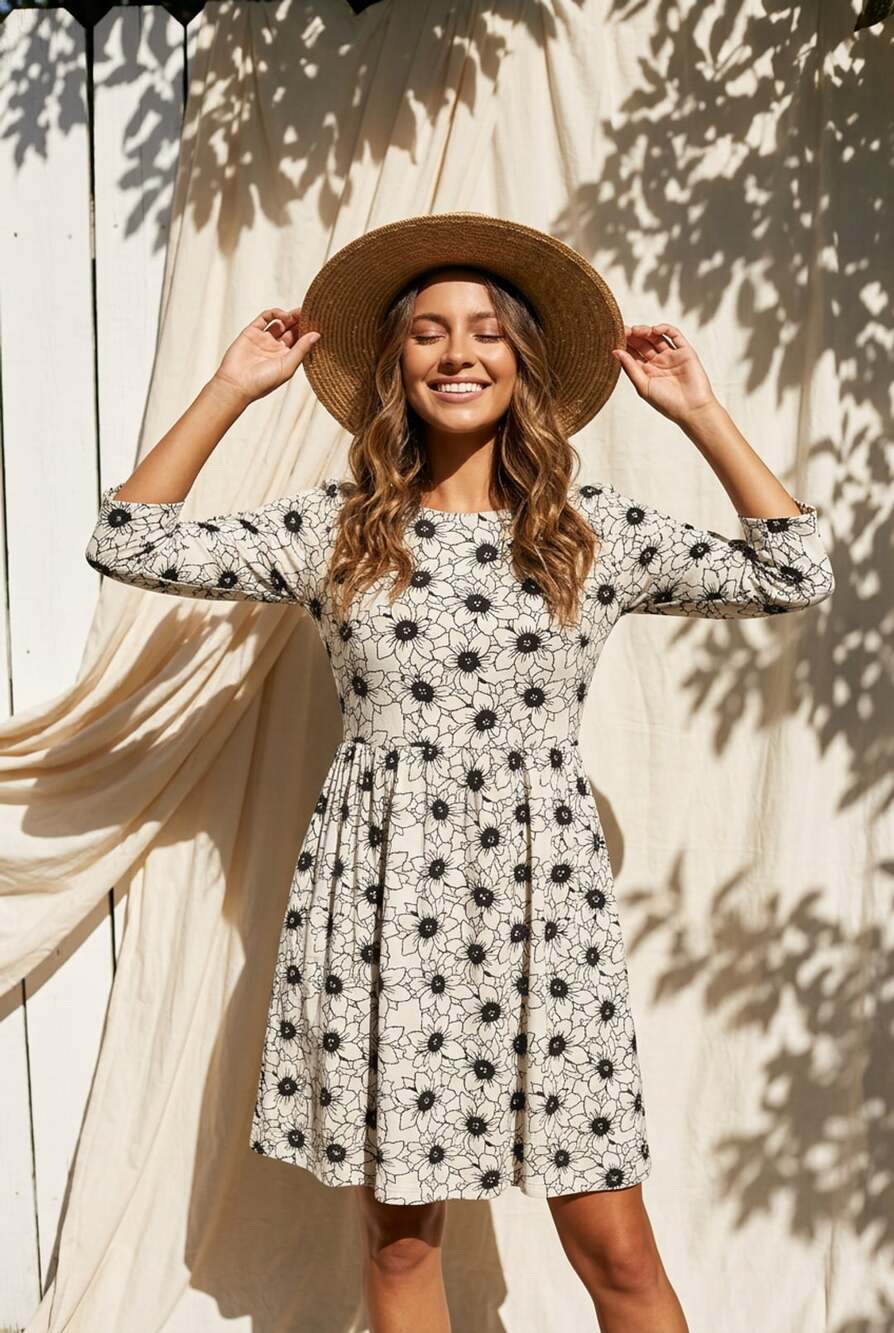K by Kersh Black White Floral Fit & Flare Dress 3/4 Sleeve